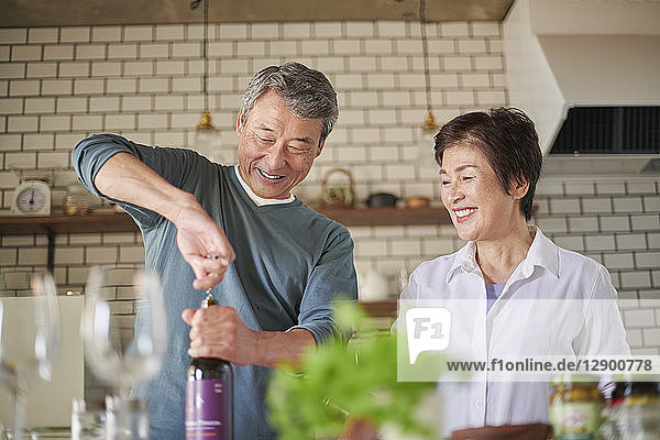 Japanese senior couple in the kitchen