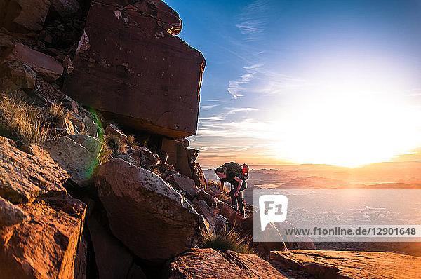 Felskletterer  Desert Towers  Indian Creek  Moab  Utah  USA