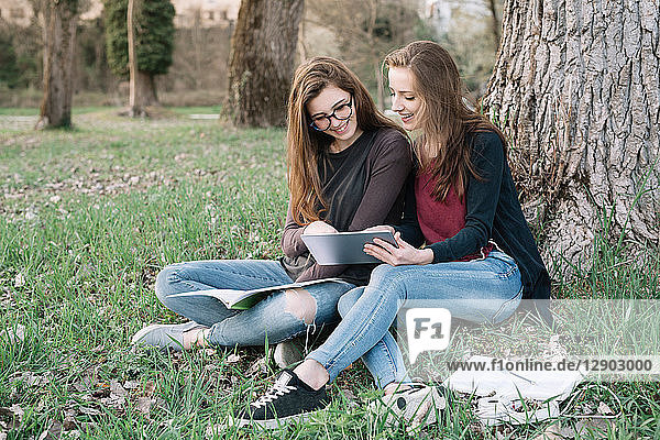 Freundinnen lesen Buch im Park