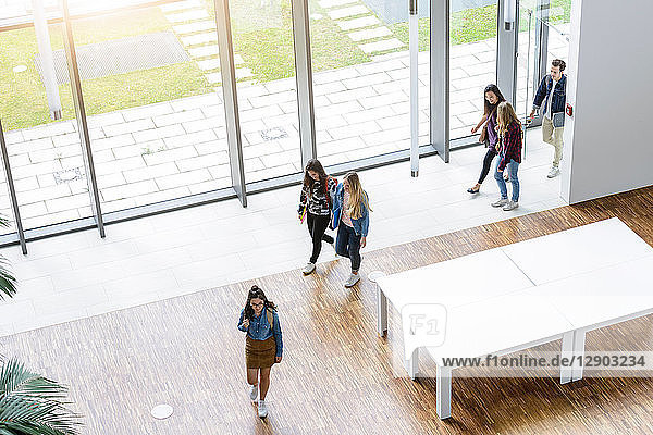 Male and female university students arriving in university lobby  high angle view
