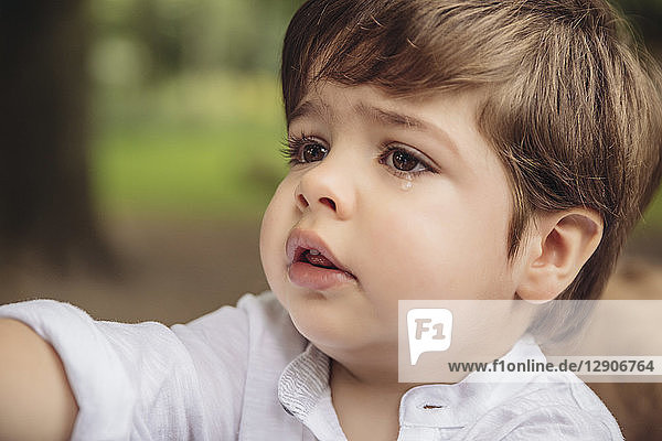 Portrait of unhappy toddler with tear in his eye