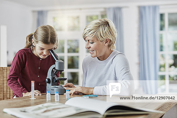 Mother and daughter using microscope at home