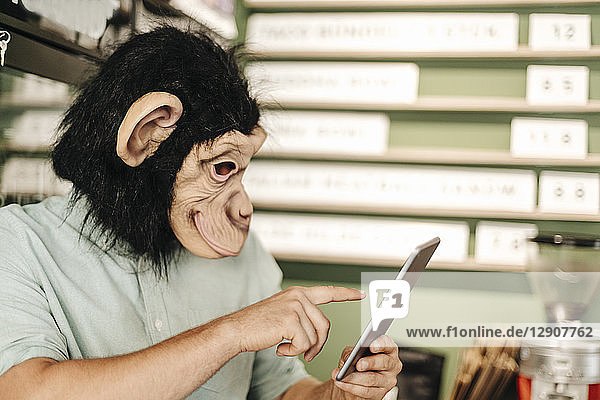 Man wearing monkey mask  using digital tablet