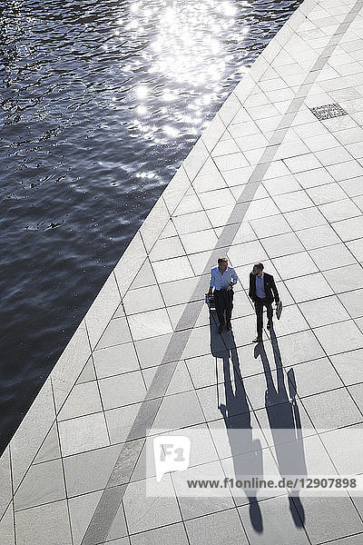 Two businessmen walking and talking at the riverbank