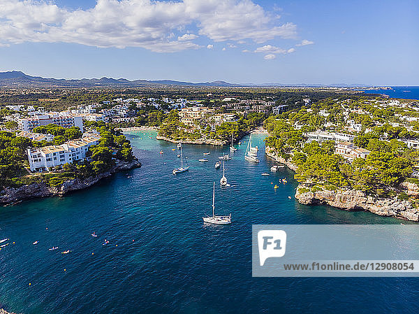 Spain Mallorca Portocolom Aerial view of Cala d'Or and bay Cala Ferrera