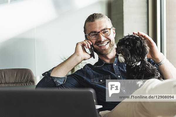 Smiling young businessman with dog on cell phone in office
