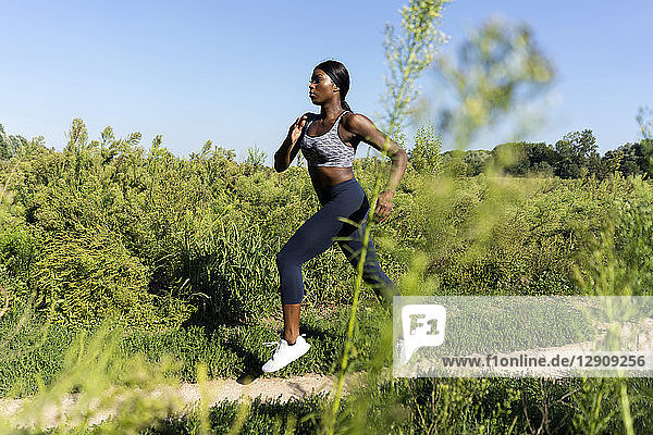 Young athlete jogging in the fields