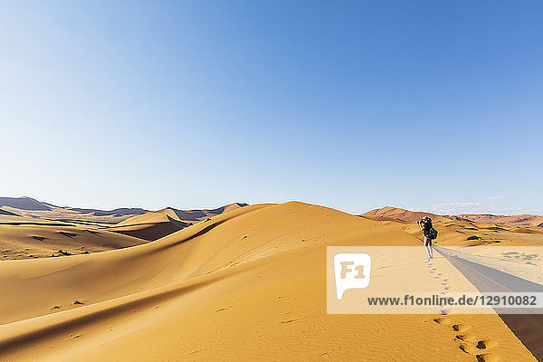 Africa  Namibia  Namib desert  Naukluft National Park  female tourist walking on dune