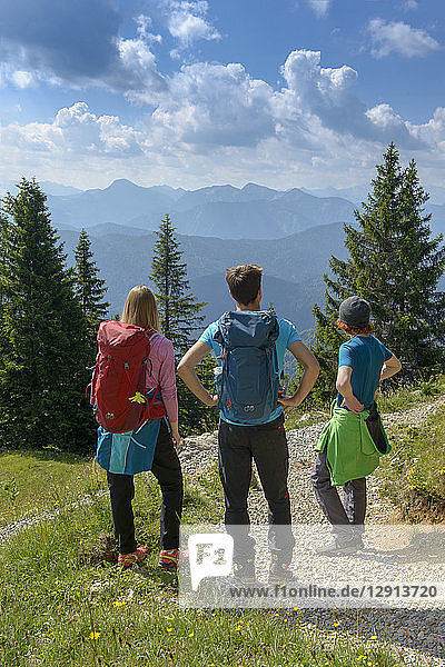 Germany  Bavaria  Brauneck near Lenggries  young friends standing in alpine landscape looking at view