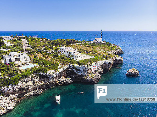 Spain Mallorca Portocolom Punta de ses Crestes Bay of Portocolom Lighthouse
