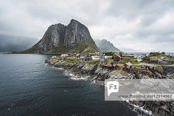 Norway  Lofoten  remote houses at rocky coast