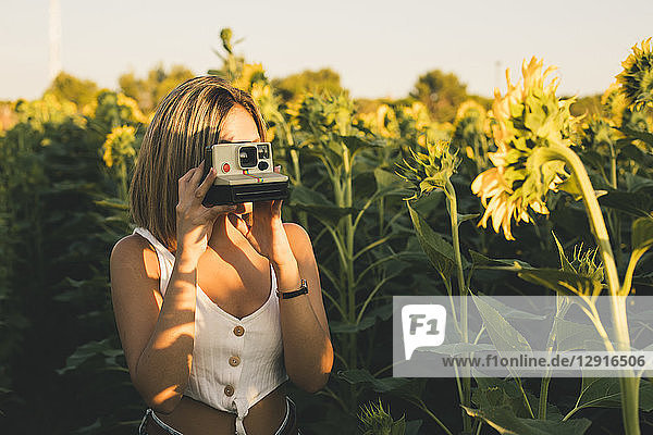 Young woman in a field of sunflowers taking pictures with an instant camera
