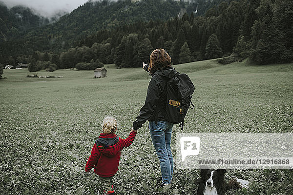 Austria  Vorarlberg  Mellau  mother and toddler with dog on a trip in the mountains