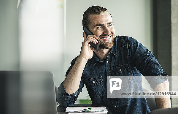 Smiling young businessman on cell phone in office