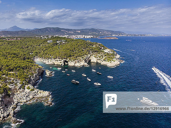 Spain Mallorca Calvi Aerial view of bay Cala Falco and Cala Bella Donna
