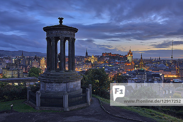 UK  Scotland  Edinburgh  view to the city from Carlton Hill with Dugald Stewart Monument in the foreground
