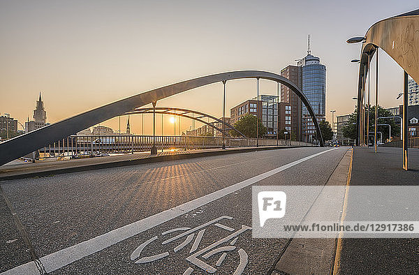 Germany Hamburg Niederbaum bridge and Kehrwiederspitze in the morning