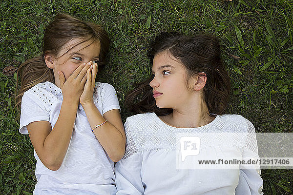 Two sisters lying together on a meadow