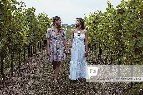 Young women walkig in vineyard
