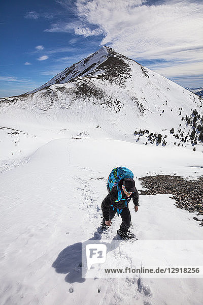 Mountaineer on approach to Donaldson Peak in the Lost River Mountain Range  Idaho  USA