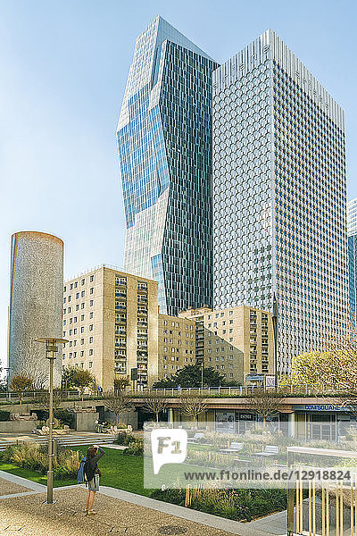 Modern architecture at La Defense district under clear sky  Paris  Ile-de-France  France