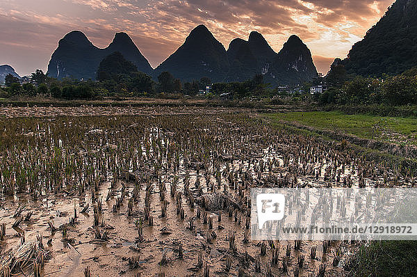 Scenic view of field and mountains at sunset Yangshuo Guangxi Province China