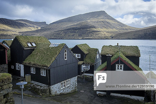 Blick auf Torfdachhäuser am Meer  Vagar  Färöer Inseln