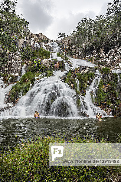 Beautiful natural scenery with waterfall and cerrado vegetation in Chapada dos Veadeiros  Goias  Brazil