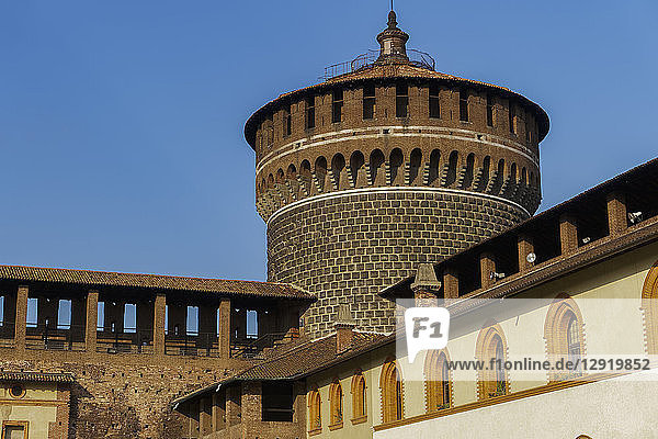 Sforza Castle medieval tower  15th century Castello Sforzesco fortified round tower  Milan  Lombardy  Italy  Europe