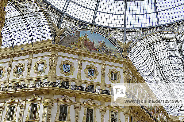 Architectural detail inside glass dome mall  Galleria Vittorio Emanuele II at Piazza del Duomo  Milan  Lombardy  Italy