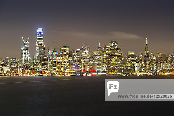View of San Francisco skyline from Treasure Island at night  San Francisco  California  United States of America  North America