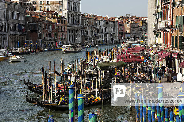 Gondola moorings near Rialto Bridge  Grand Canal  Venice  UNESCO World Heritage Site  Veneto  Italy