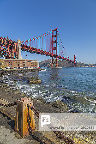 View of Golden Gate Bridge and Fort Point from Marine Drive  San Francisco  California  United States of America  North America
