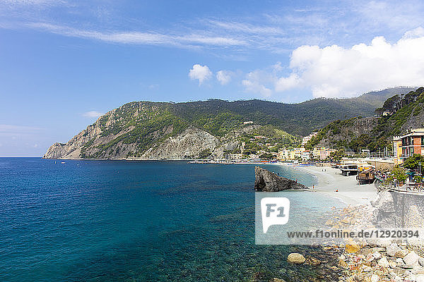 View of the beach at Monterosso on a sunny day with blue skies  Cinque Terre  UNESCO World Heritage Site  Liguria  Italy