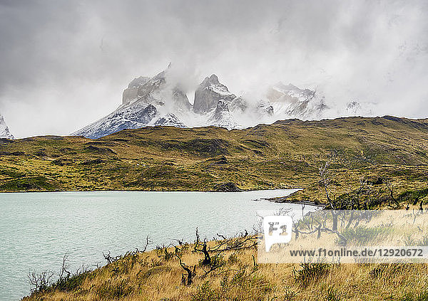 View over Lake Pehoe towards Cuernos del Paine  Torres del Paine National Park  Patagonia  Chile  South America