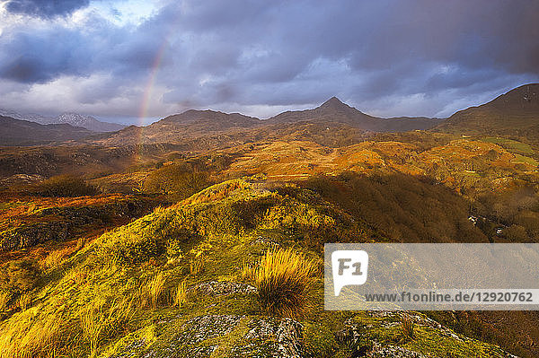 Cnicht under a rainbow at sunset  Snowdonia National Park  North Wales  Wales  United Kingdom  Europe