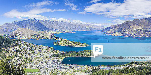 Aerial view of downtown Queenstown town centre Lake Wakatipu and The Remarkables mountain range Queenstown Otago South Island New Zealand Pacific
