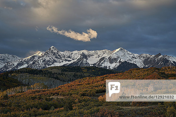 Snow-covered Sneffels Range in the fall  Uncompahgre National Forest  Colorado  United States of America  North America