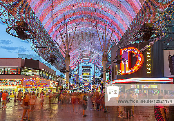Neon lights on the Fremont Street Experience at dusk  Downtown  Las Vegas  Nevada  United States of America  North America