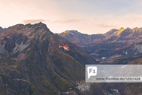 Aerial view of helicopter in flight over Primolo  Valmalenco  Valtellina  Lombardy  province of Sondrio  Italy