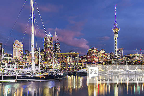 Viaduct Harbour Hafengebiet und Auckland Marina bei Nacht  Auckland Skyline  Sky Tower  Auckland  Nordinsel  Neuseeland  Pazifik