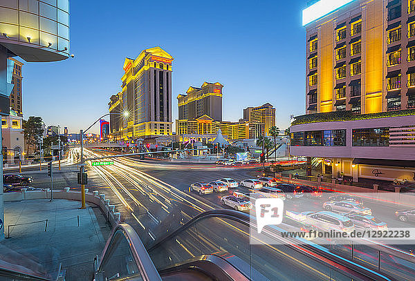 View of traffic and trail lights on The Strip at dusk  Las Vegas Boulevard  Las Vegas  Nevada  United States of America  North America