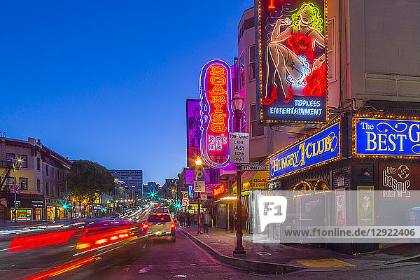 Club signs on buildings in North Beach district  San Francisco  California  United States of America  North America