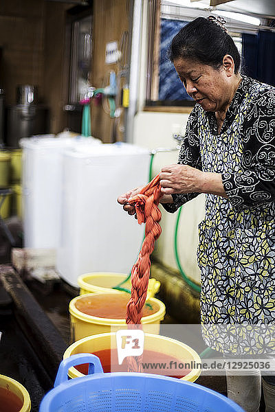 Japanische Frau steht in einer Textilpflanzenfärberei und hält ein Stück frisch gefärbten  leuchtend orangefarbenen Stoff in der Hand.
