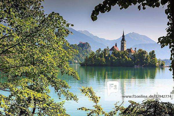 Castle and church. Lake Bled. Julian Alps. Upper Carniola region. Slovenia  Europe.