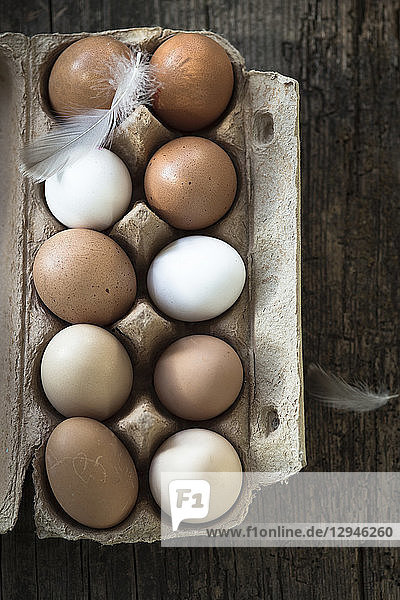 Braune und weiße Hühnereier in einem Eierkarton