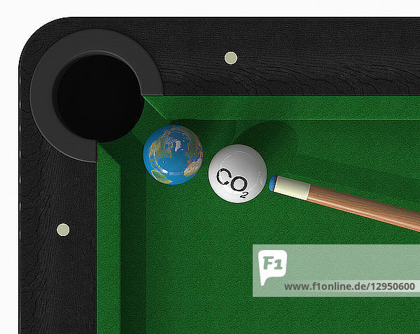 CO2-Spielball kurz davor  die Erdkugel auf dem Snookertisch zu treffen