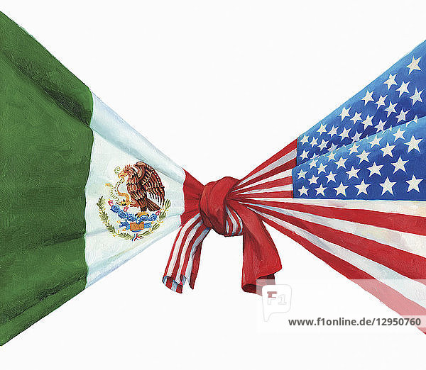 US- und mexikanische Flagge miteinander verknotet