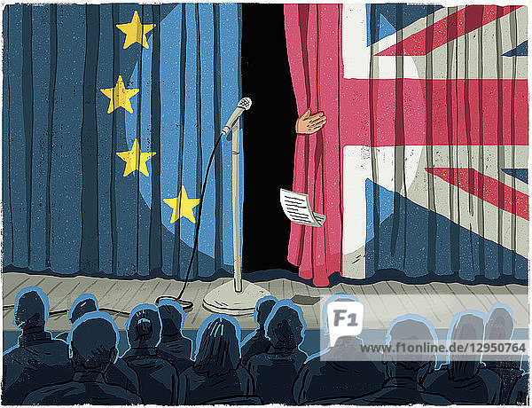 Politiker verlässt die Bühne durch einen Theatervorhang aus EU-Flagge und Union Jack