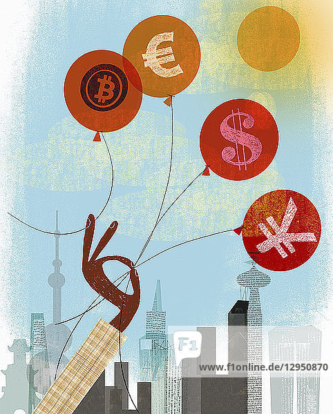 Hand hält sich an Euro-  Dollar- und Yen-Ballons fest und nicht an Bitcoin